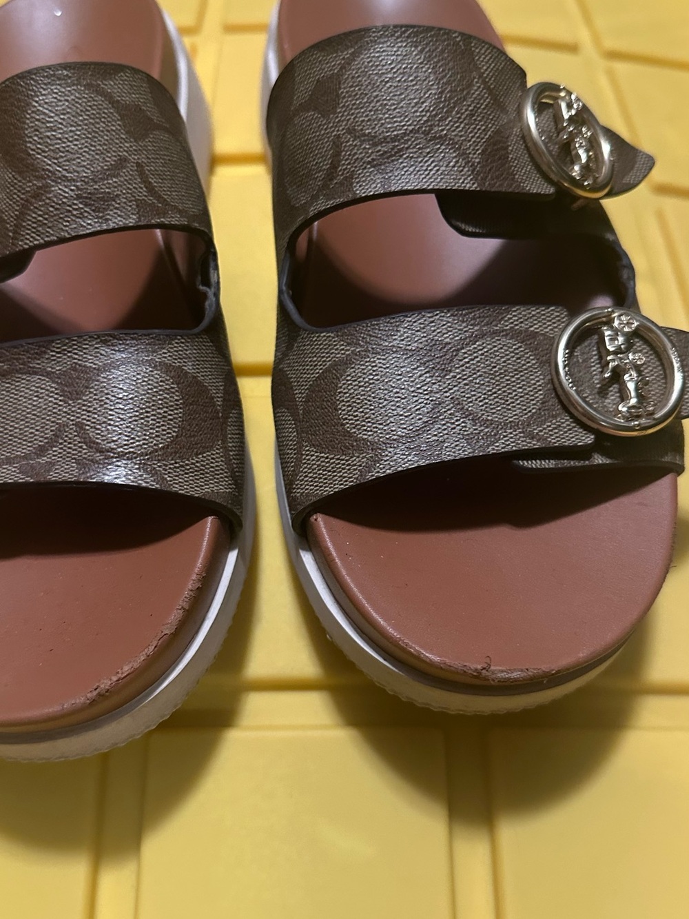 Coach Kids Brown Signature Double-Strap Slide Sandals with Silver Buckles - Picture 2 of 8